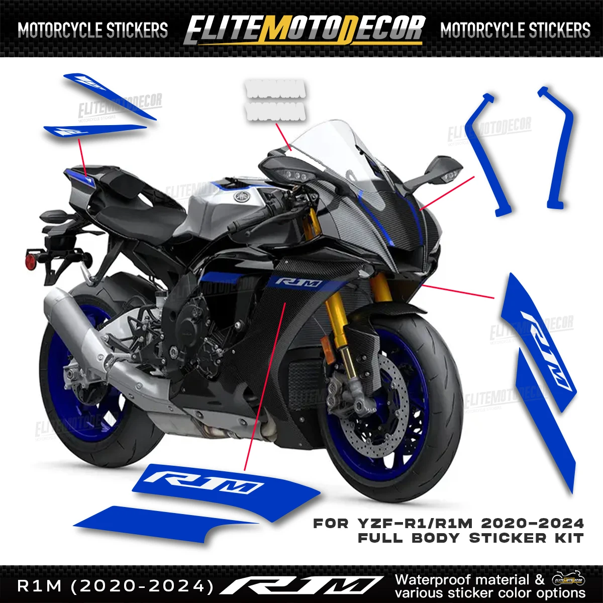 For Yamha YZF1000 R1 R1M 2020-2024 Universal Blue Fairing Full Kit Emblem Sticker accessories Decals Motorcycle Body Decoration