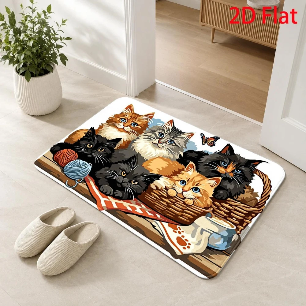 Cute Kittens Yarn Basket Doormat Welcome Rug Living Room Front Door Entryway Porch Back Door Non Slip Floor Mat Home Decor