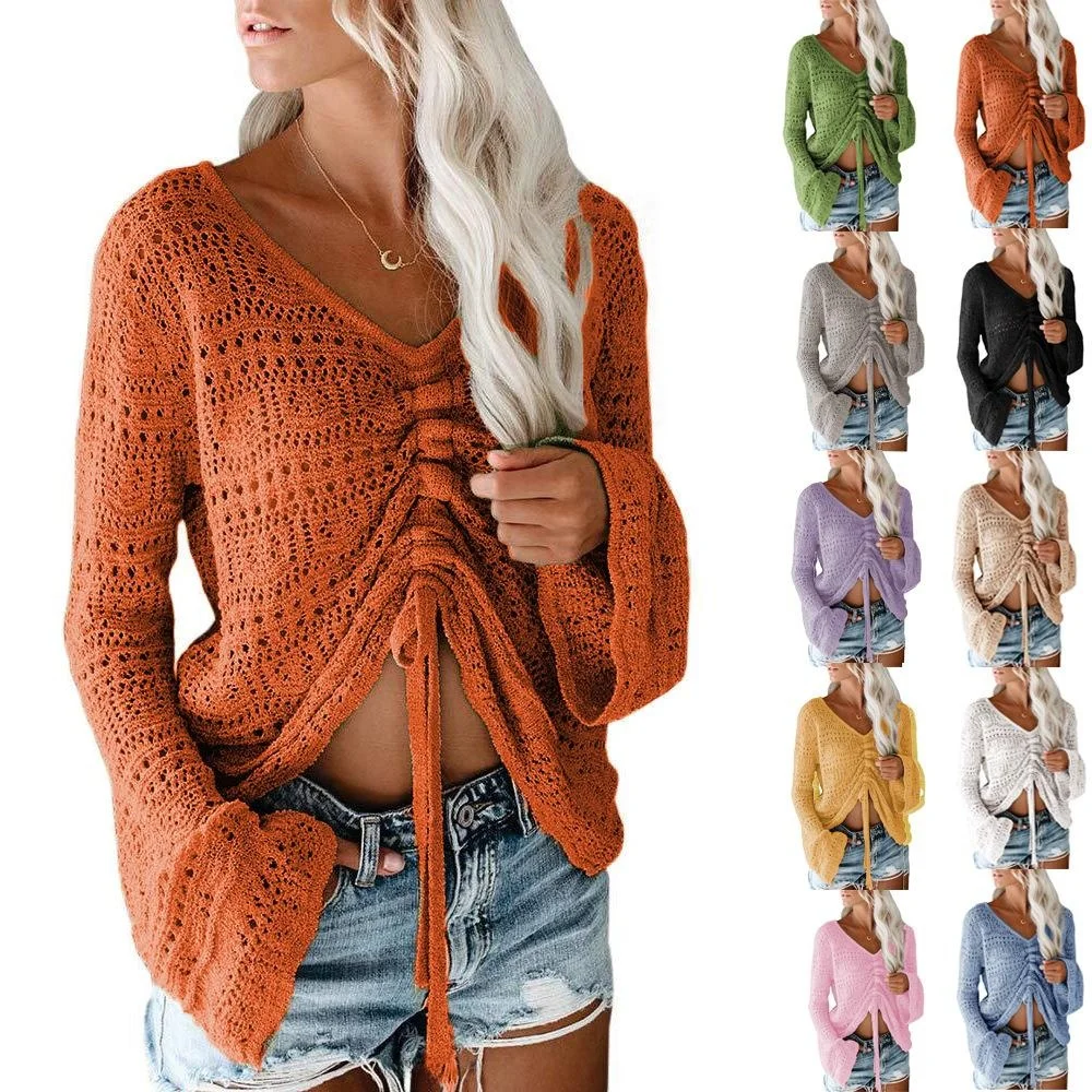 

Women's Beach Off-oulder Hollowed out Flared Sves Sweater Sweet Sle Loose Fit Summer Thin Knitwear Color
