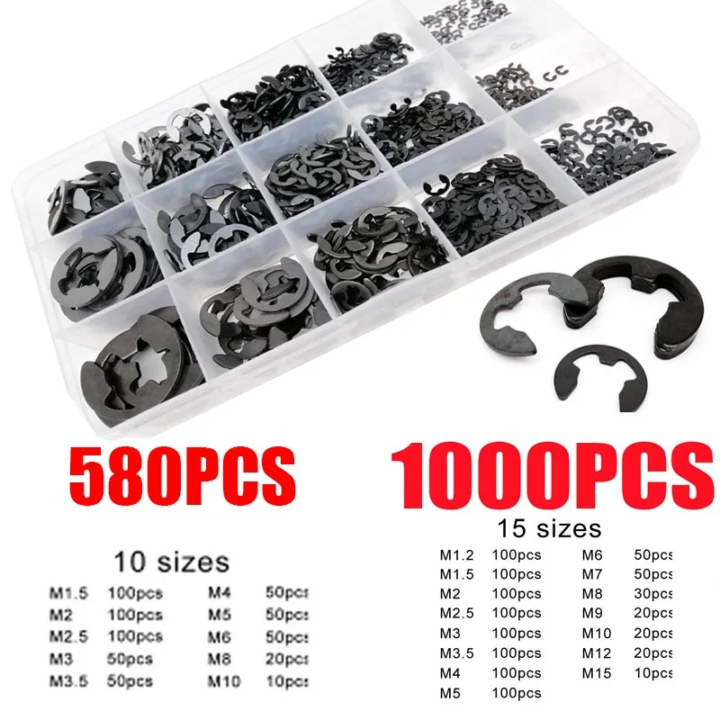 

580/1000pcs Washer M1.2 to M15 Black Carbon Steel External Retaining Ring E Clip Snap Circlip Washer for Shaft Assortment Kit