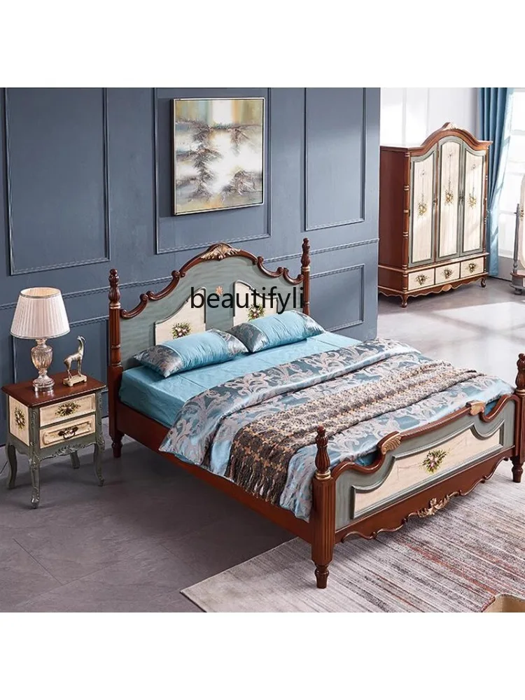 American Style Solid Wood Bed Bedroom Mediterranean Style 1.8 M 1.5 M Double Bed Painted Retro Distressed