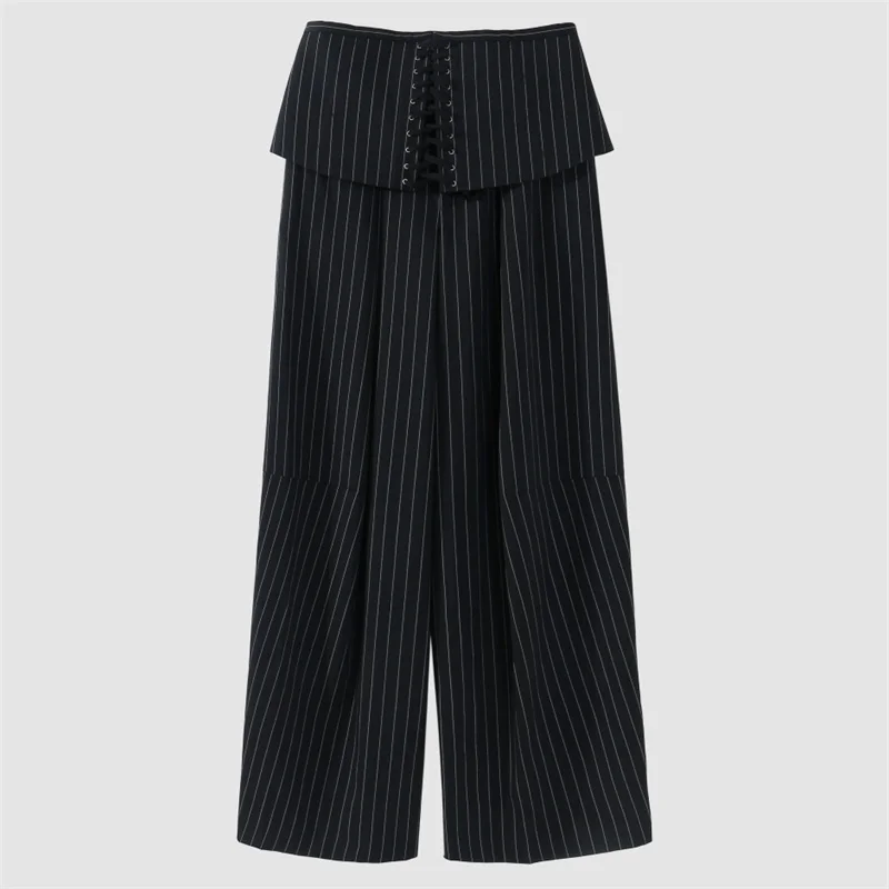 Pantalones de mujer nuevos pantalones de pierna recta de cintura alta para otoño 2025, pantalones de traje a rayas de mezcla de lana, pantalones ajustados con cordones de espina de pescado