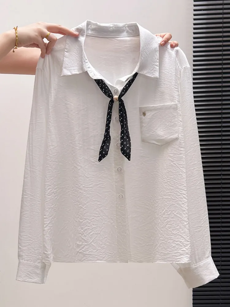 Blue Texture Folded Collar Long Sleeve Women's Shirt Detachable Polka Dot Bow Pocket Anti-Aging Versatile Loose Fit Top