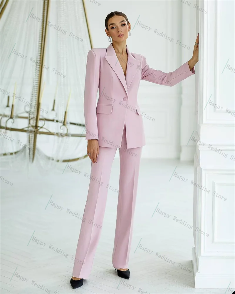 

Pink Women Suit Set 2 Piece Blazer Pants Trousers One Button Autumn Fall Cotton Formal Office Lady Customized Jacket Prom Coat