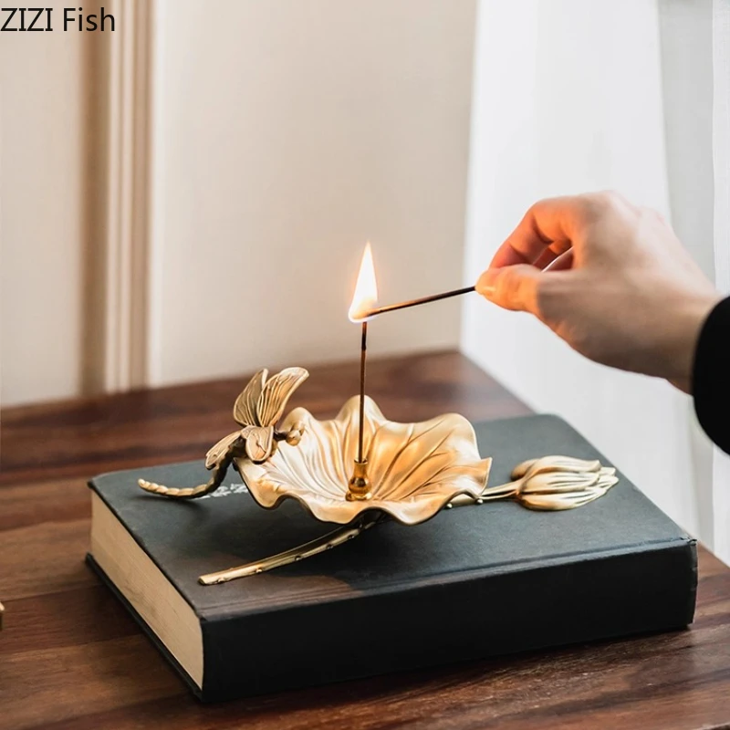 Brass Wire Incense Burner Lotus Leaf Fragrance Plate Elephant Incenses Insertion Incense Holder Tea Table Ornament Incensory