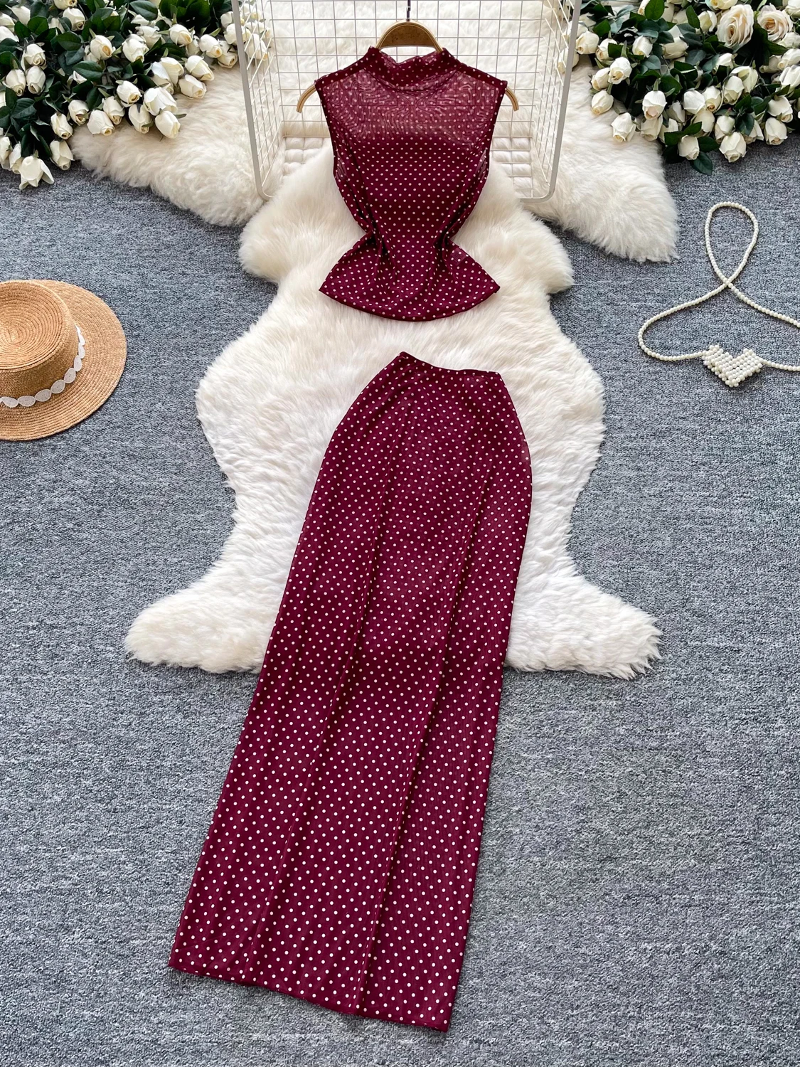Elegant Slimming Sleeveless Two-Piece Set for Women Summer Commute High Waist round Dot Pattern Fashionable Casual Workwear
