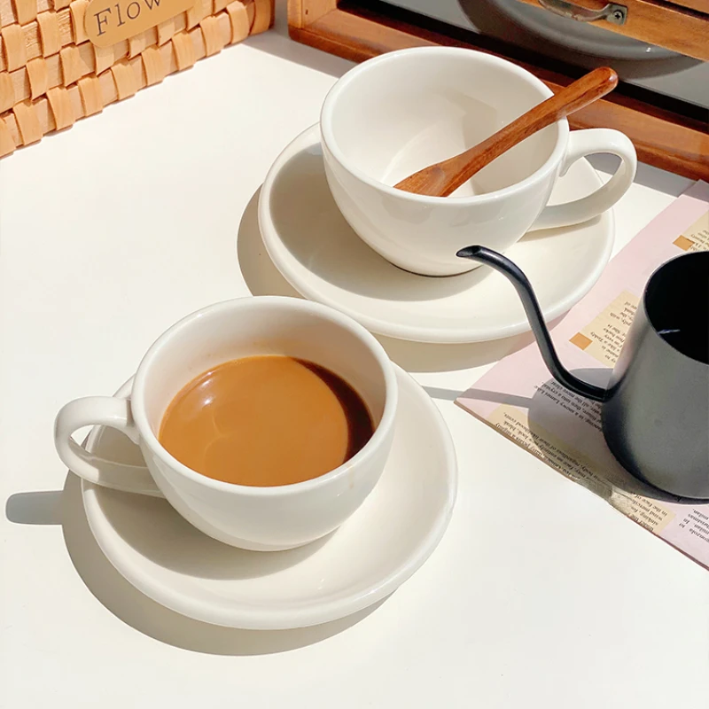 Ceramic Coffee Cup and Saucer Set, Affordable Luxury, Simple, Pure White, Afternoon Tea, American Style