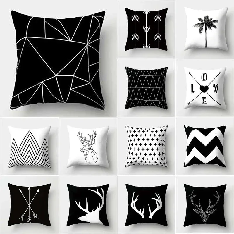 Geometric Line Striped Cushion Cover Black and White Polyester Throw Pillow Case Dotted Grid Triangular Geometric Art