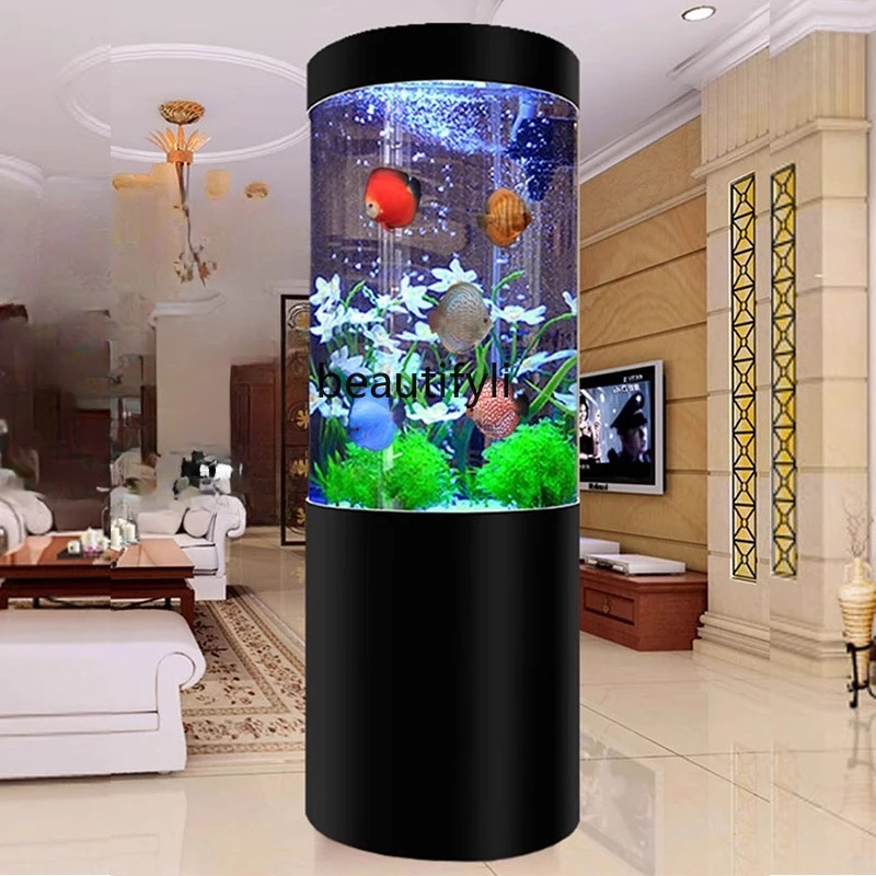 

cylindrical fish tank living room vertical large floor-to-ceiling filter water-free porch self-circulation