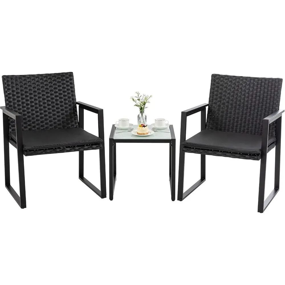 Outdoor 3-Piece Bistro Set Black Wicker urniture-Two Chairs with Glass Coee Table (Black&Beige)