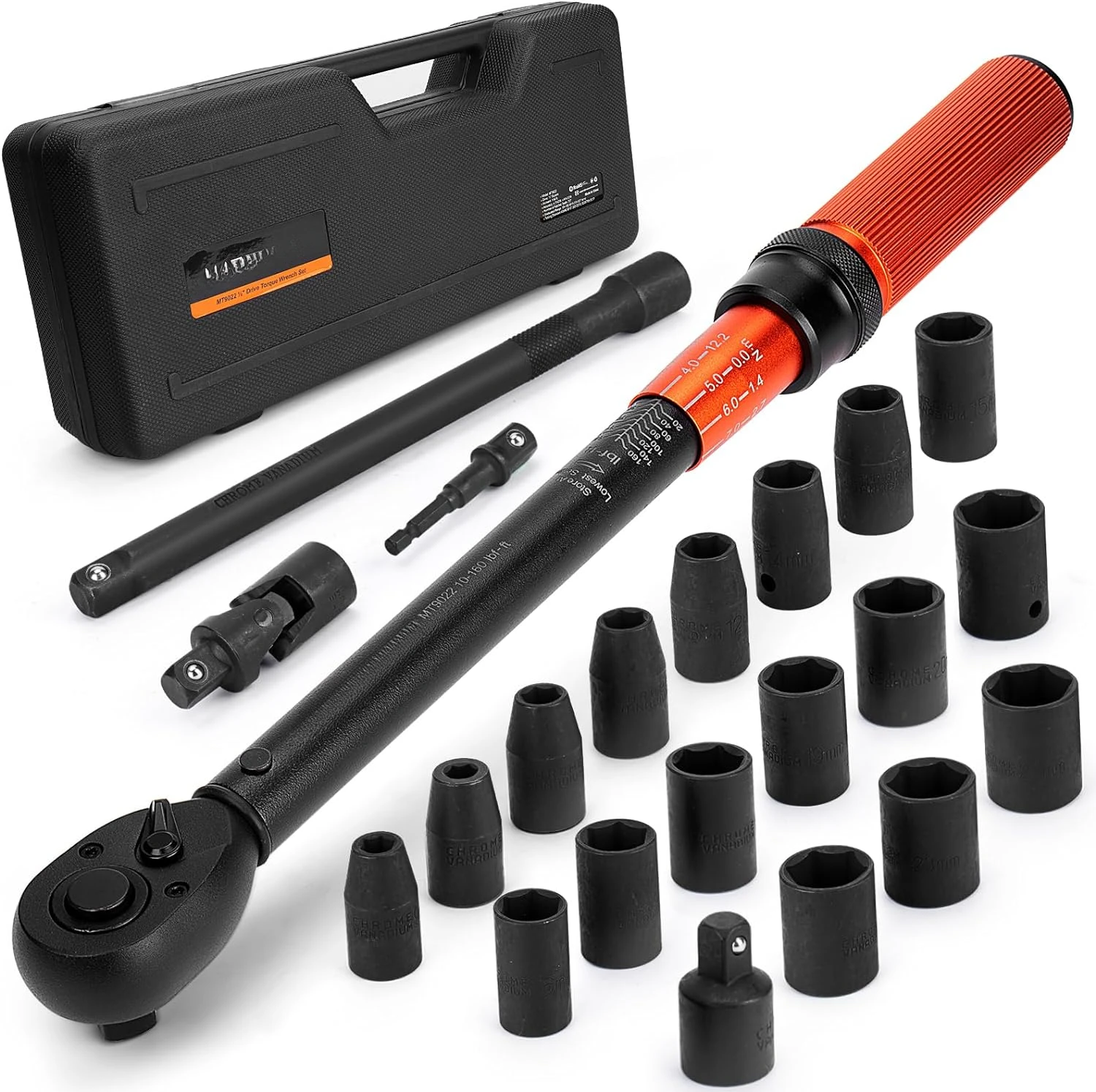 1/2-Inch Drive Torque Wrench Set 22PCS, 10-160FT.LB/10-227Nm,Click Socket Set, 72-Tooth Dual-direction, ±3% Precision Adjustable