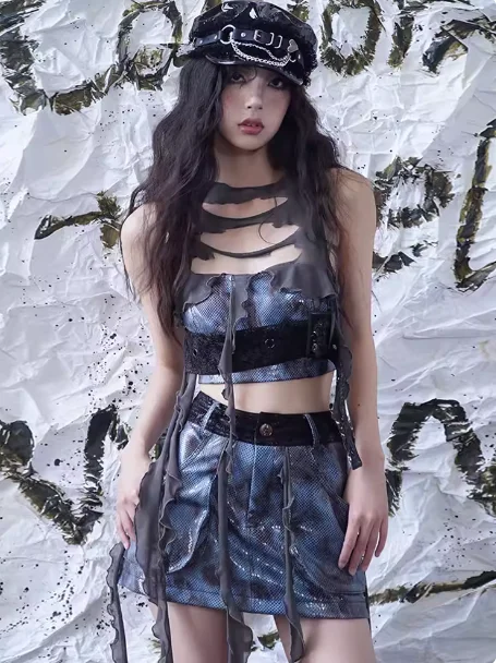 

Новая оригинальная японская модная готическая облегающая жилетка в стиле Харадзюку для девушек, сексуальный и милый топ с отверстиями