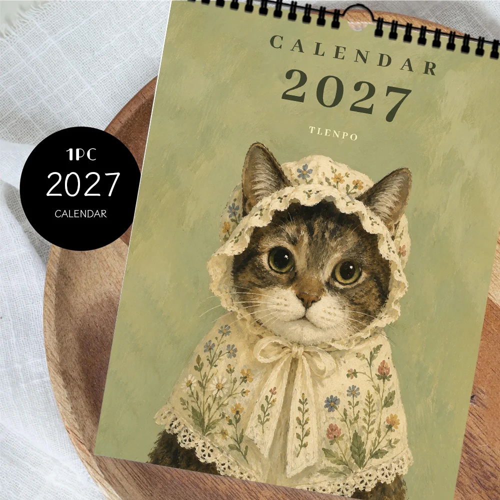 1pc 2027 Wall Calendar, Floral Scarf Vintage Cat Theme,12-Month Monthly Planner, Perfect Gift For Birthdays, Christmas, New Year