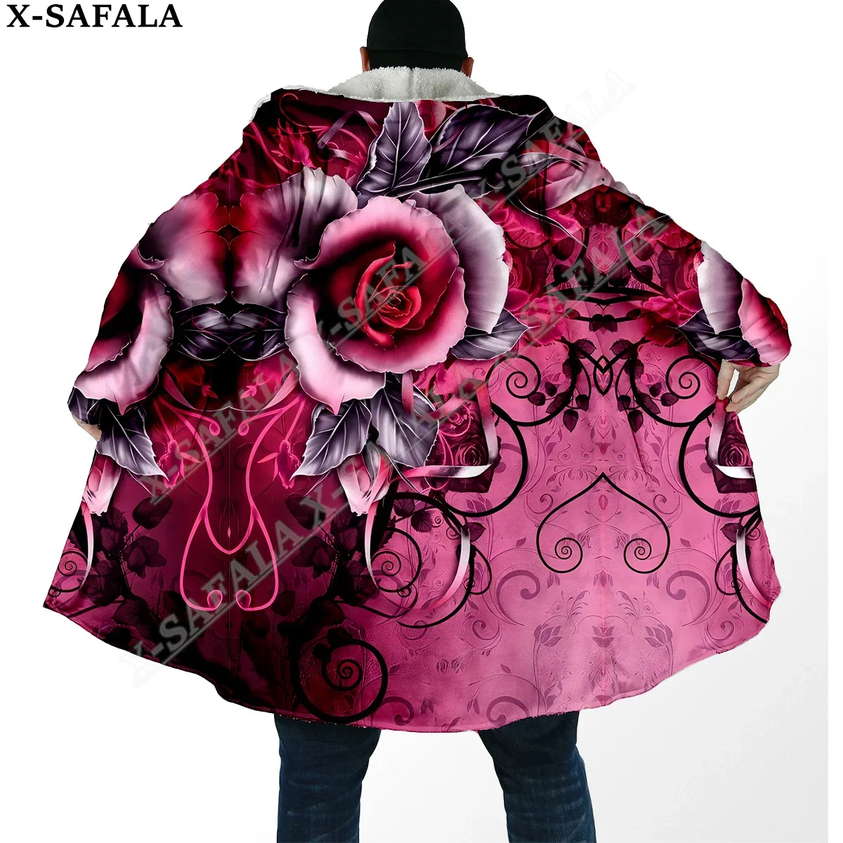 Dark Rose Butterfly Trippy 3D Print Dream Cloak Thick Warm Hooded Men Overcoat Coat Windproof Fleece Cape Robe Blanket-5