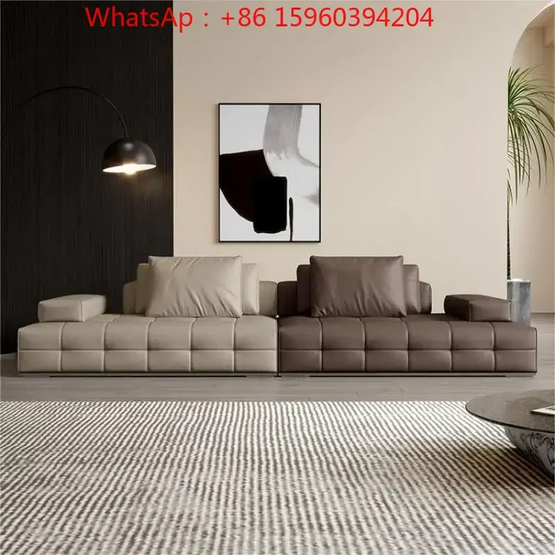 Italian leather sofa, first layer cowhide, large flat floor living room, large apartment, simple straight-row Foshan sofa