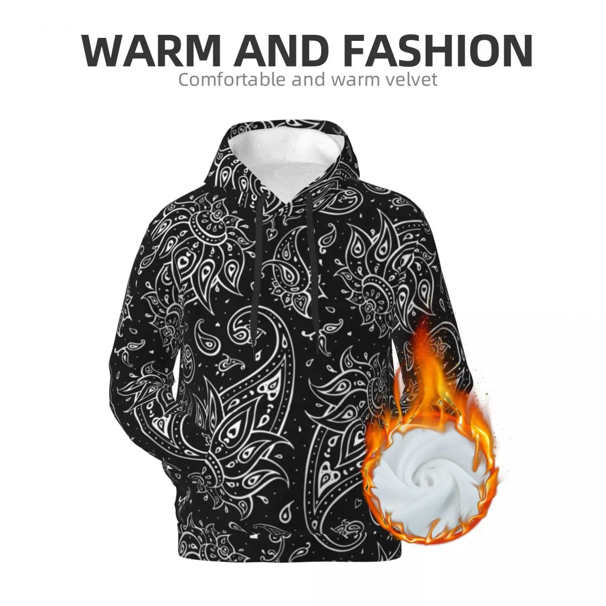 Baroque Floral Casual Hoodies White Paisley Hip Hop Velvet Warm Sweatshirts Winter Long Sleeve Loose Oversized Pullover Hoodie