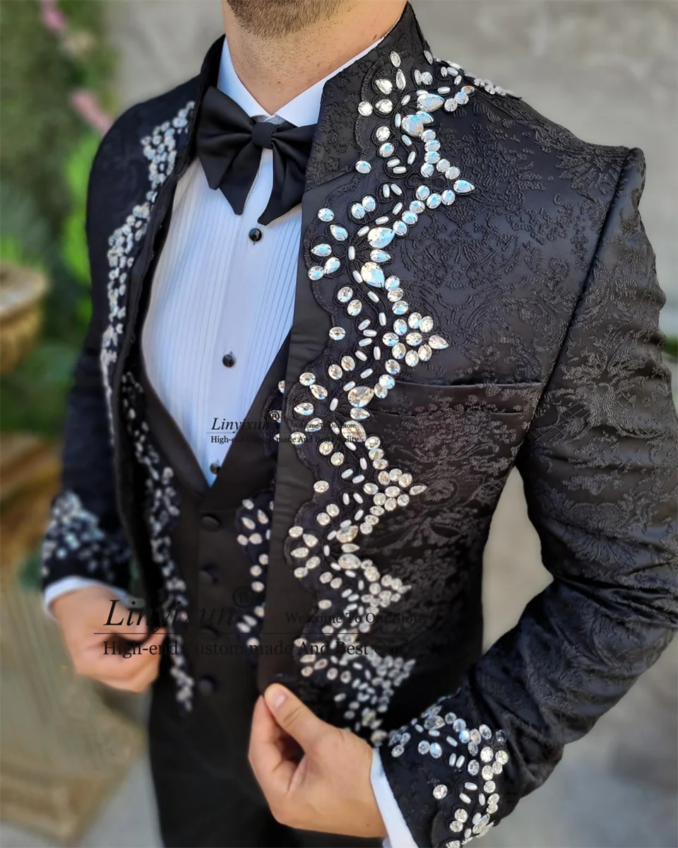 Elegance Shiny Beaded Men Suits Stand Collar Groom Tuxedos Sets Wedding Prom Blazers Pants Outfit Terno Masculinos Completo