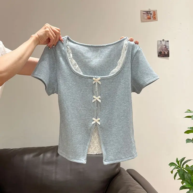 Korean Style Fake Two-piece Bow U-neck Paneled Lace Short-sleeve T-Shirt Women's 2025 Summer New Cute Sweet Chic Casual Tops