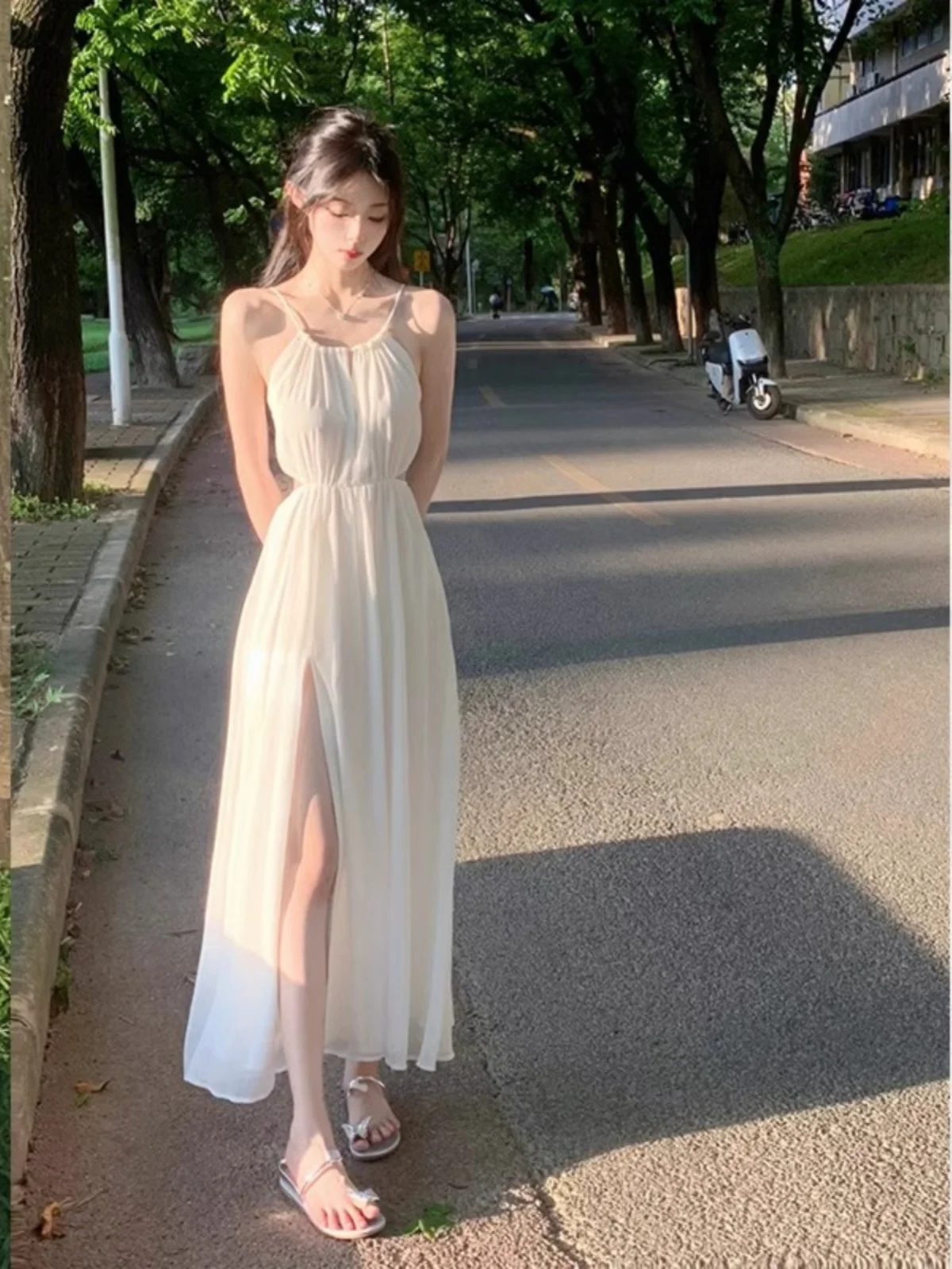 French gentle style white neck hanging dress for women in summer, small stature, slit waist, fairy aura, sleeveless white dress