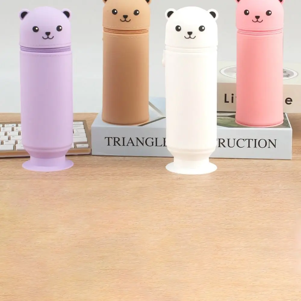 INS Cute Animal Cartoon Bear Pencil Case Soft Creative Pencil Pouch Retractable Silicone Stationery Box Desk Organizers