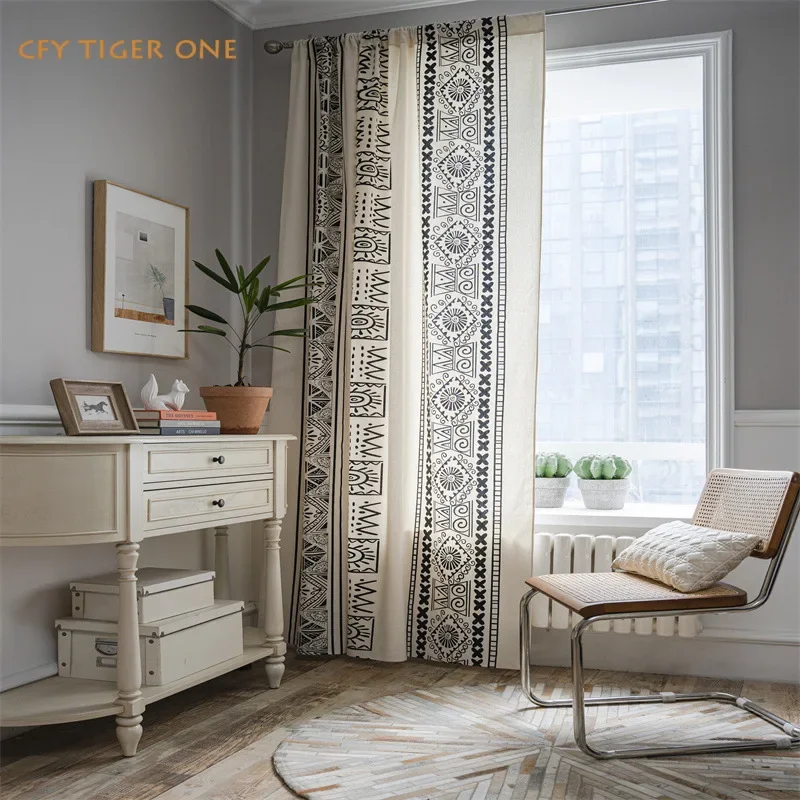 

American Geometry Cotton Linen Window Curtain with Tassels Blackout Valance for The Luxury Living Room Curtains for Living Room