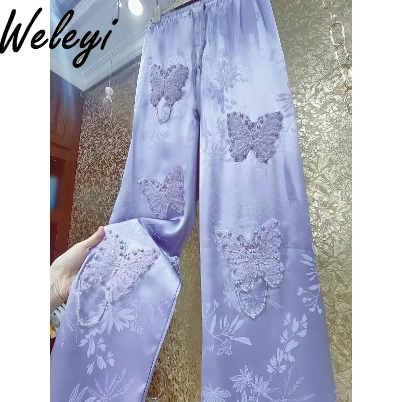 Handmade Pearls Bow Rhinestone Fringed Purple Trousers Female Chinese Style Three-dimensional Embroidered Flares Wide-leg Pants