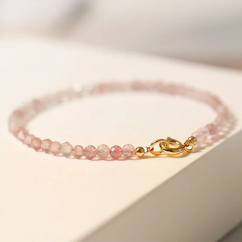 Pulsera de cuentas redondas de cuarzo y fresa Natural para mujer, brazalete de cuentas superfinas, regalos de joyería fina, color rosa, 3mm, YBR640