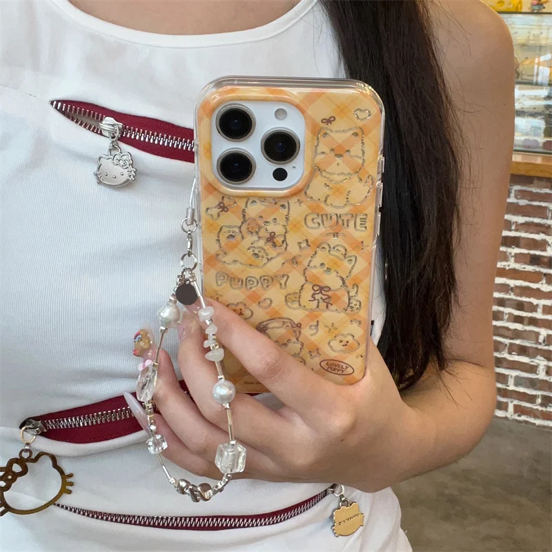 

Fashion Plaid Pattern Cute Puppy Case For iPhone 16 Pro 14 15 Pro Max Phone Cover with Chain Strap ShockProof Cartoon Cases