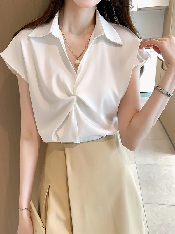 

Желтая атласная женская летняя модная блузка с V-образным вырезом, европейский стиль, маленький размер, элегантный топ