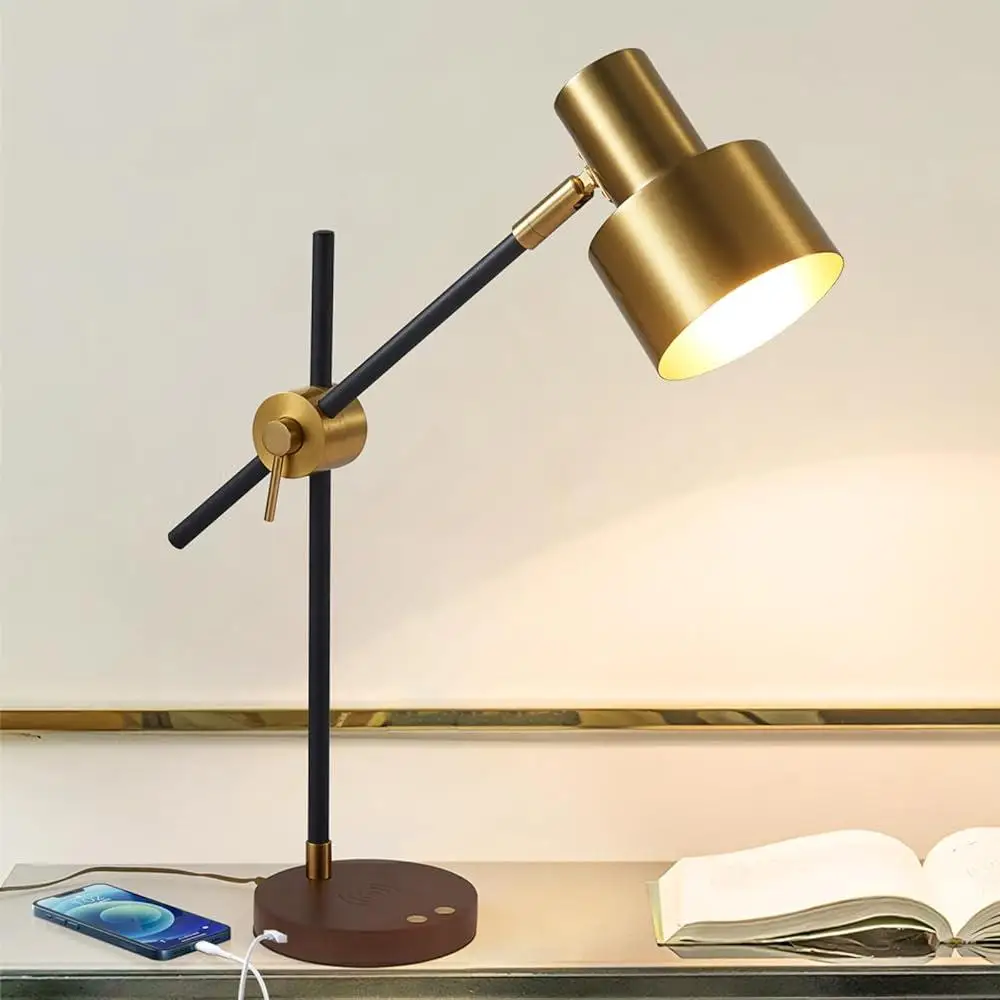 Adjustable Desk Lamp with Wireless Charger USB Charging Port Touch Control Dimmable Timing Function Metal Swing Arm Table Lamp