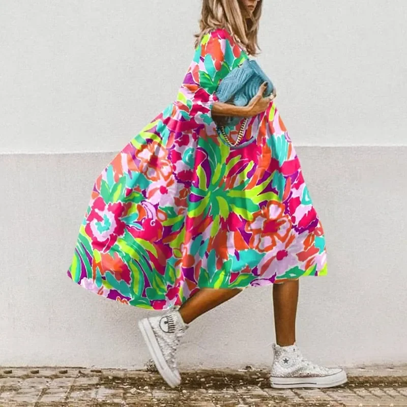 Fashion Floral Print Boho Oversize Loose A-line Dress For Women Summer Casual Three Quarter Sleeves Holiday Midi Dresses Female