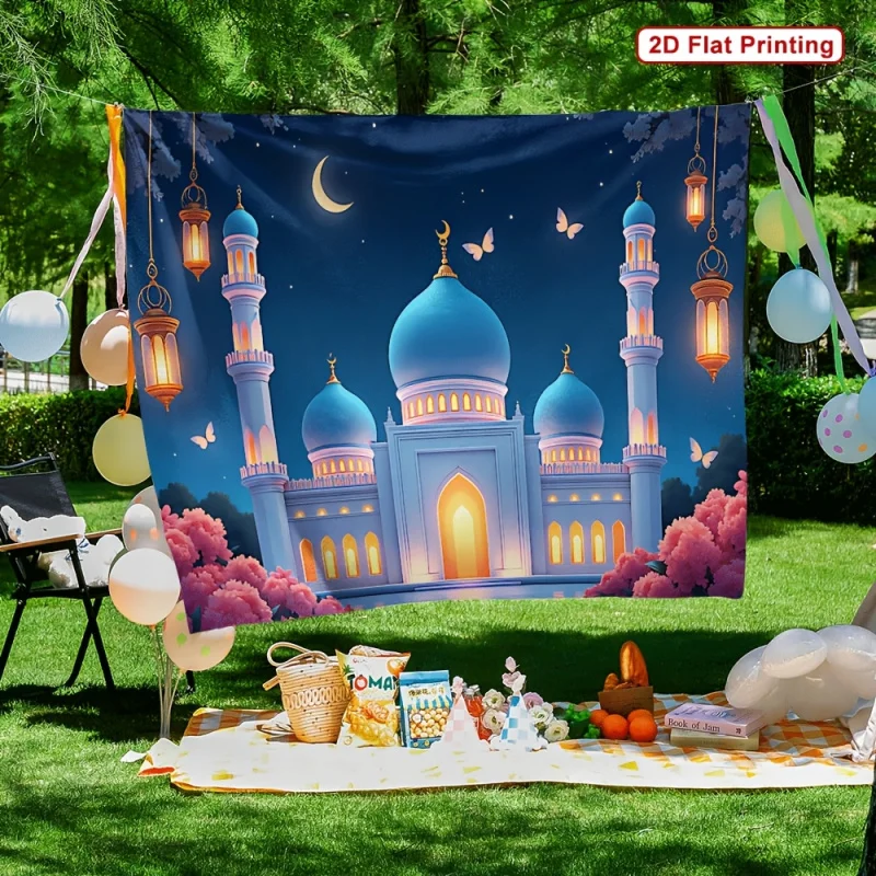 2Dflat1pc، لافتة حفلات من القماش للمشهد الليلي - تصميم معماري إسلامي ذهبي حيوي، لا يتطلب إمدادًا للطاقة