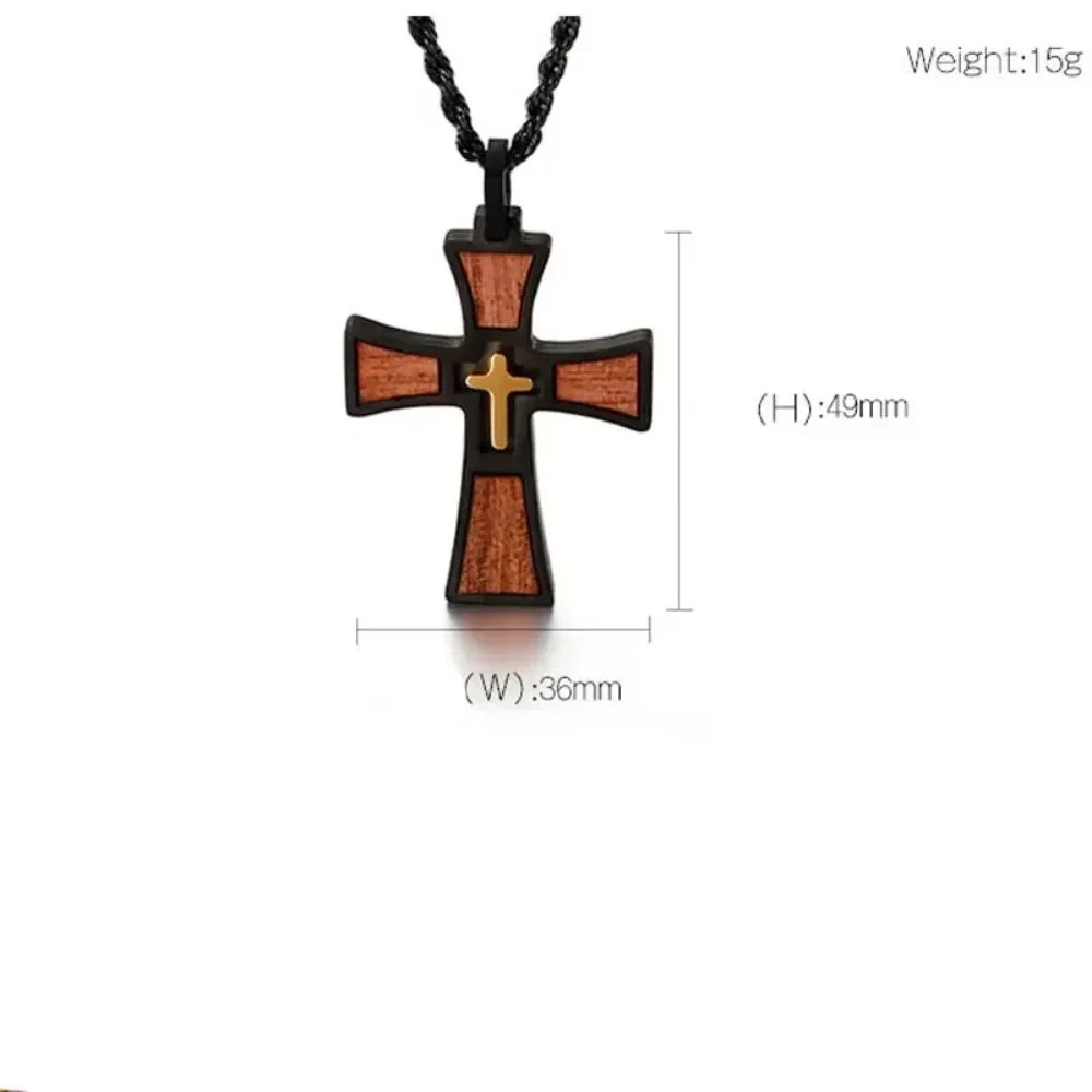 Church Baptism Wood Cross Pendant Necklaces for Men Bible Stainless Steel Christian Religious Jewelry 24Inch Chain
