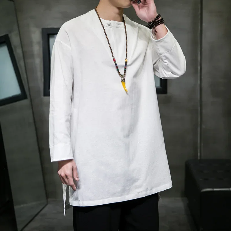 2023 Cotton Linen Men Tshirts Solid Color Spring Autumn Men Casual Breathable Loose Tops Long Style Panbuckle Robe Male T-Shirt