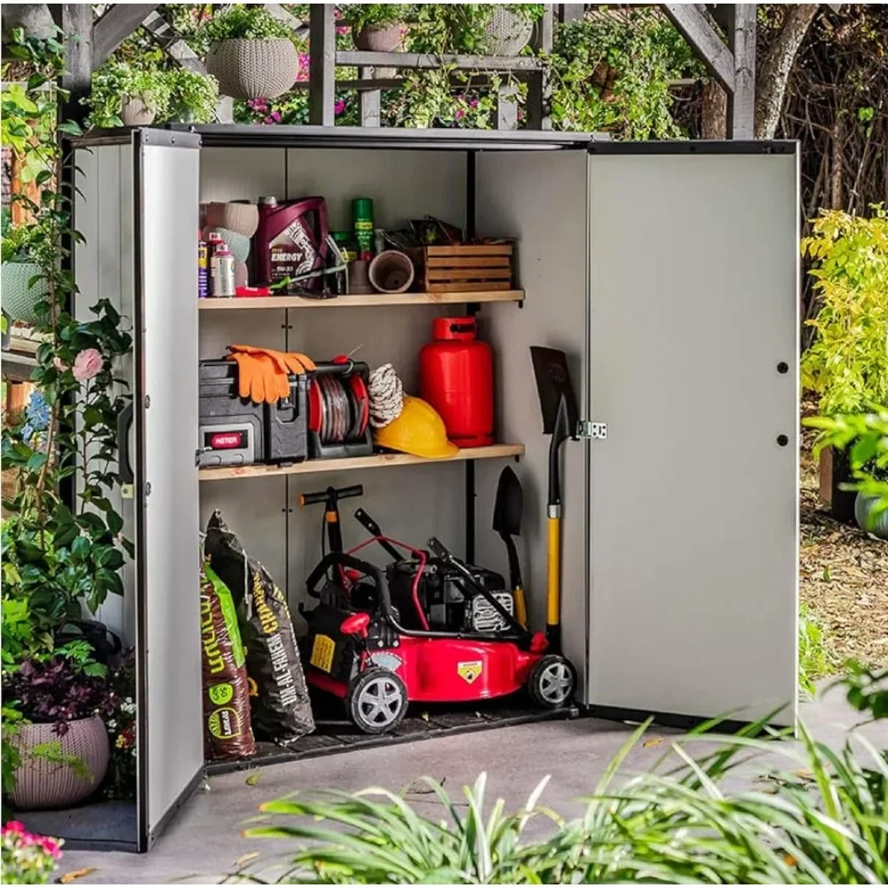 Resin Outdoor Storage Shed 4.6 x 5.6 ft,Grey & Black  with Shelving Brackets for Patio Furniture,Warehouse Supplies