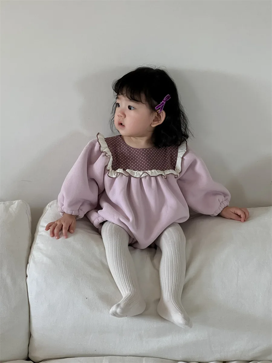 2024 Winter New Baby Girl Cute Dot Lace Collar Bodysuit Plus Velvet Thick Infant Clothes Newborn Toddler Fleece Warm Jumpsuit