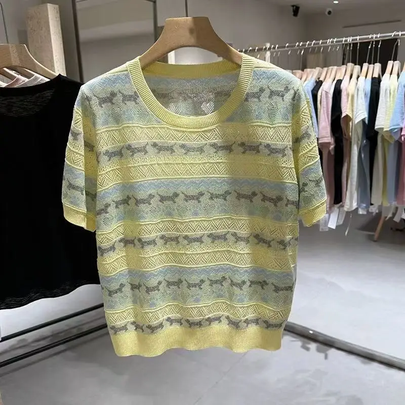 

Summer Short Sleeve O-neck Hollow Out Jacquard T-shirt Comfortable Breathable Thin Knitted Tops Women