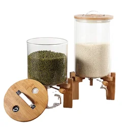 glass borosilicate rice dispenser food storage container box jar with bamboo lid and bamboo base