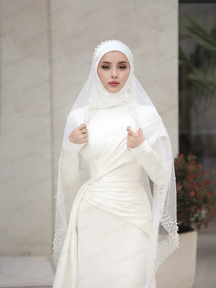 فساتين زفاف إسلامية برقبة عالية وأكمام طويلة فستان عروس حورية البحر سويب تراين شاطئ مطرز بالخرز فستان زفاف مخصص رداء دي ماري #2