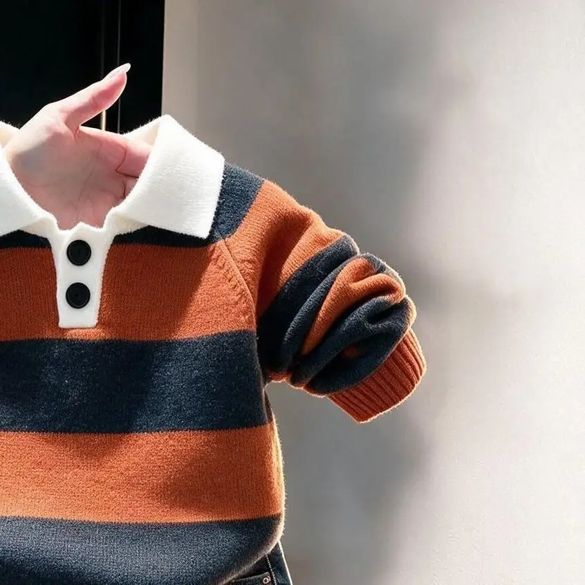 Boys Retro Striped Polo Sweater 2026 Autumn Winter New Kids Fashion Turn-down Collar Knitted Pullover Base Layer Top Children Cl
