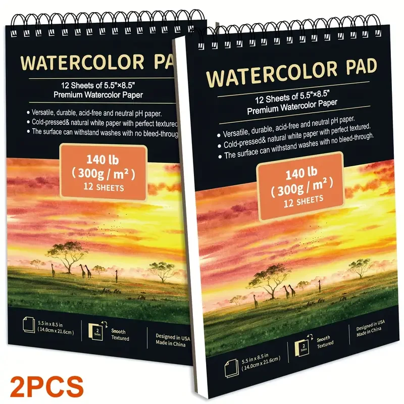 

Set of 2 CCFOUD Watercolor Sketchbooks, Each Containing 12 Sheets of Cold Press Watercolor Paper (63.5KG/300Gsm)