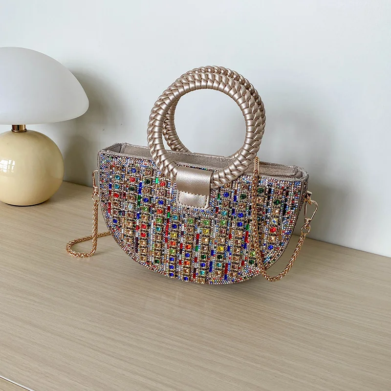 

2026 Fashion New Luxury Rhinestone Half-Moon Evening Clutch Sparkly Crystal Woven Top-Handle Crossbody Bag for Women