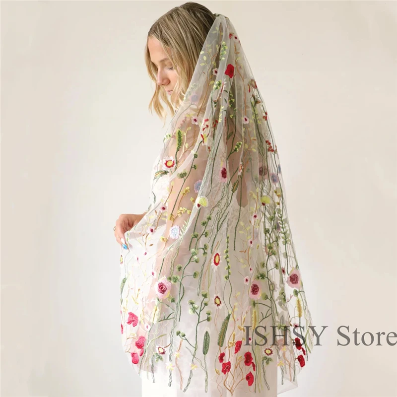 Red Pi Green Wild Flowers Floral Bridal Wedding Veils Accessories Embroidered Tulle Leaves With Comb Accessories For Brides Long