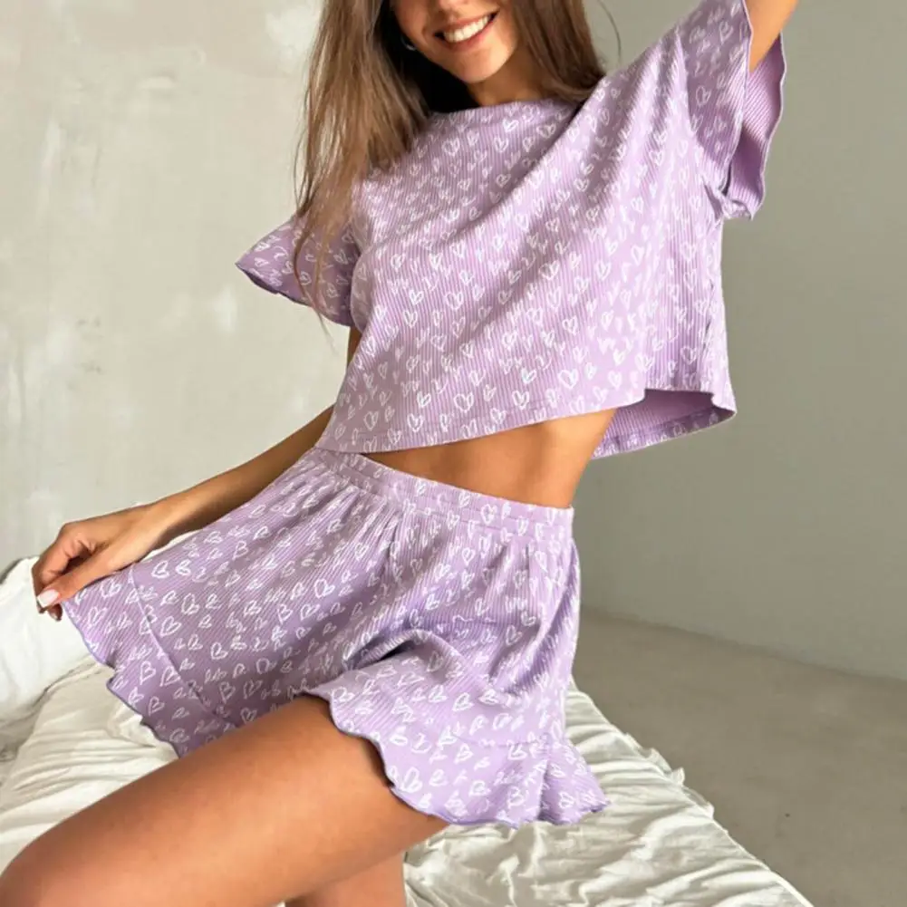 Women Pajama Set Heart Print O Neck Ruffle Short Sleeve T-shirt Elastic Waist Shorts Set Casual Loungewear Lady Sleepwear Set