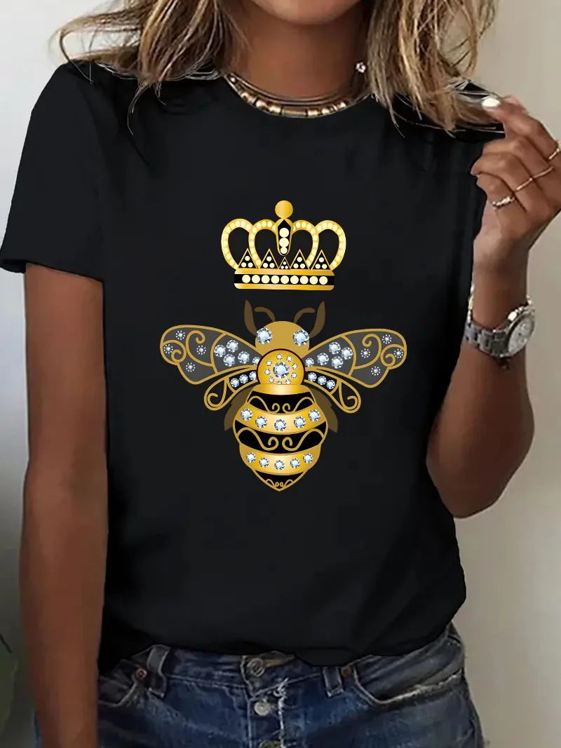 เสื้อยืดแขนสั้นสีดำสำหรับผู้หญิงฤดูร้อน |   คราวน์แอนด์บีพิมพ์ |   นุ่มสบายสำหรับการออกนอกบ้านแบบสบายๆ/งานปาร์ตี้ |   ของขวัญ