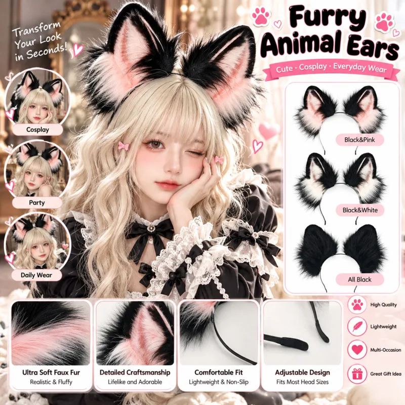 Faux Fur Dog Ears Headband, Fluffy Animal Cosplay Props Bernese, Mountain Realistic Cat Ear Hair, Hoop Kawaii Costume Gift New