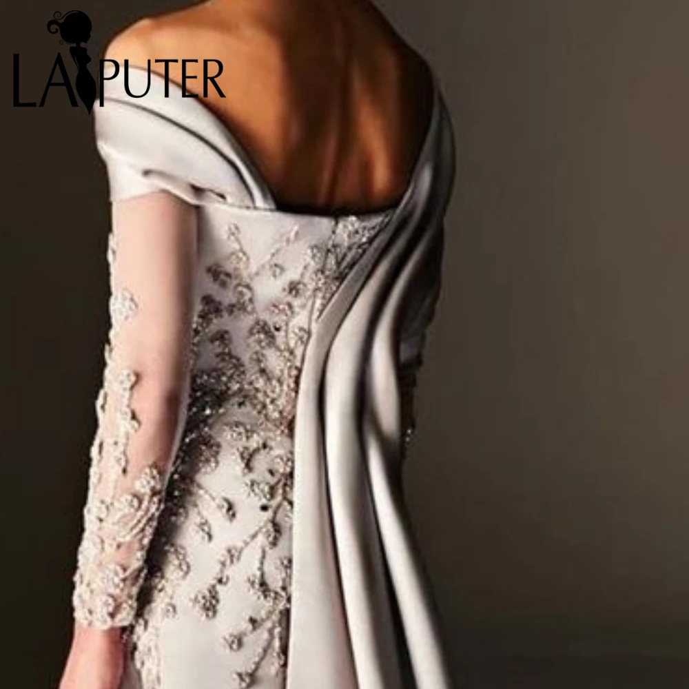 Heavy Satin Evening Dresses Unique Cape Sleeves Neck Beaded Flowers Elegant Formal Dress Long Sleeves Cape Train Celebrity Dress