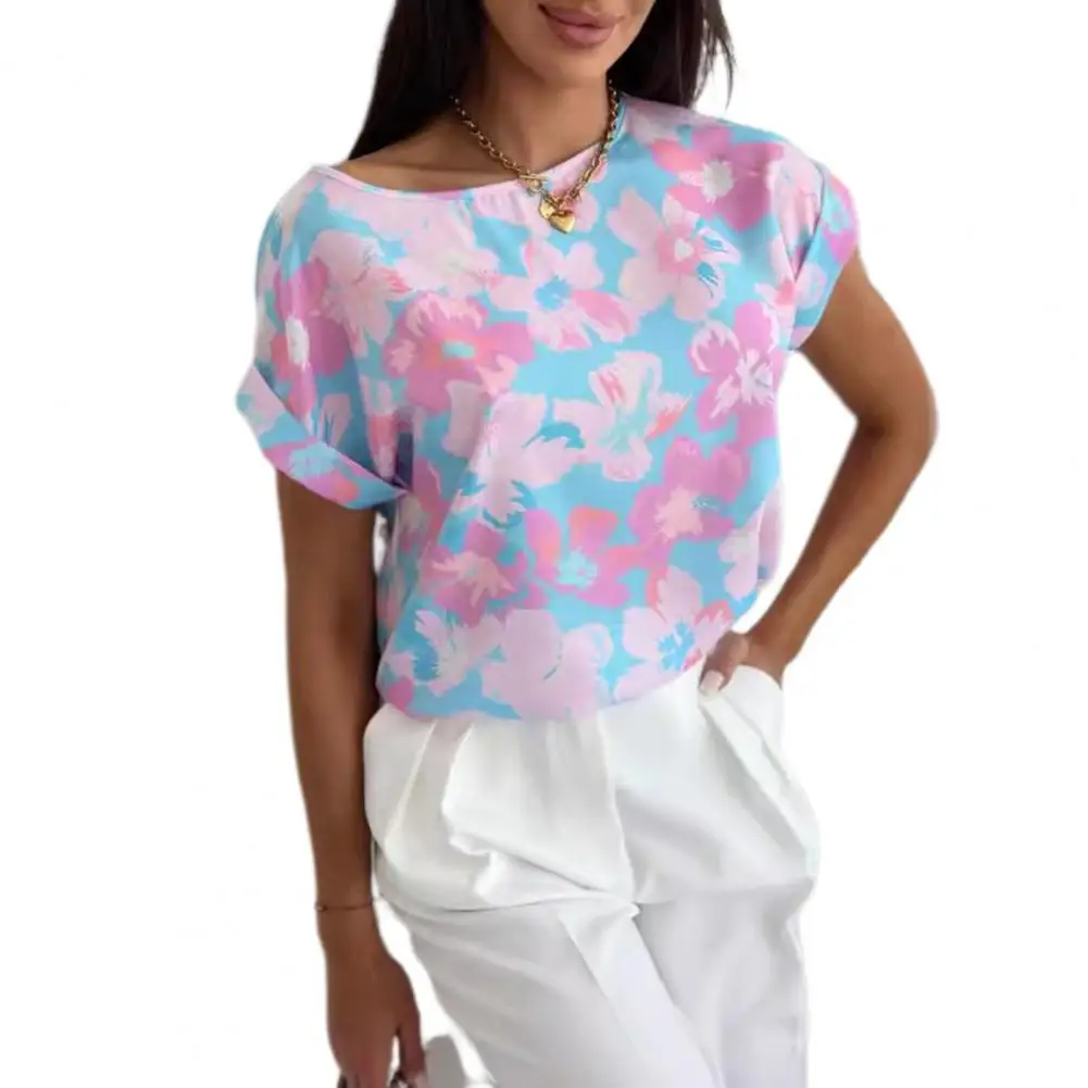 

Breathable Loose Fit Shirt Stylish Women's Summer Casual Shirts O-neck Short Sleeve Loose Fit Tops with Flower Printing for Work