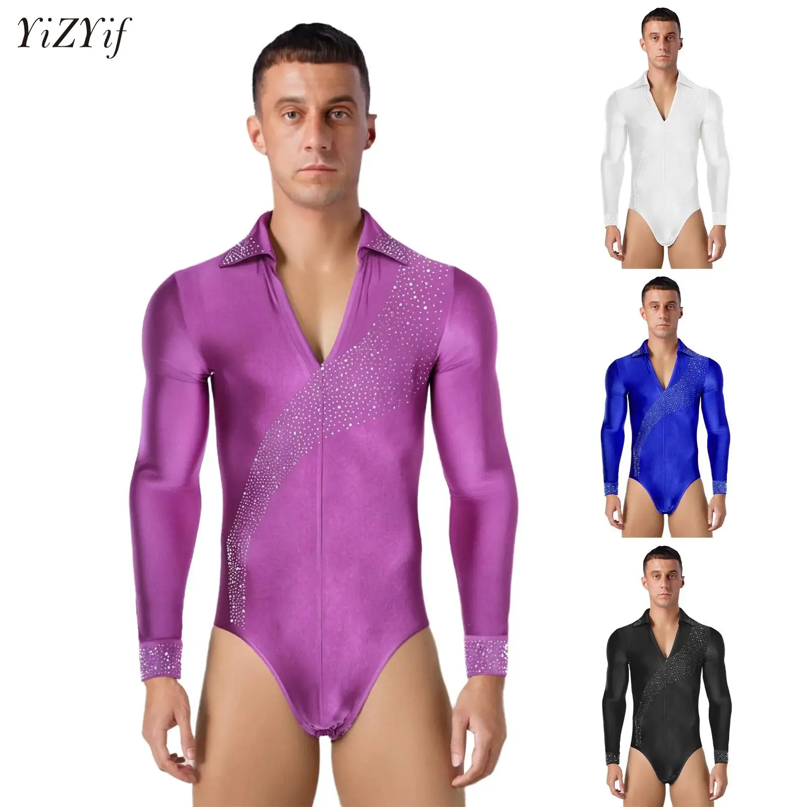 

Mens Latin Jazz Dance Jumpsuit Leotard Bodysuit Shirt Top Glittery Rhinestones Gymnastics Figure Skating Ballroom Chacha Costume