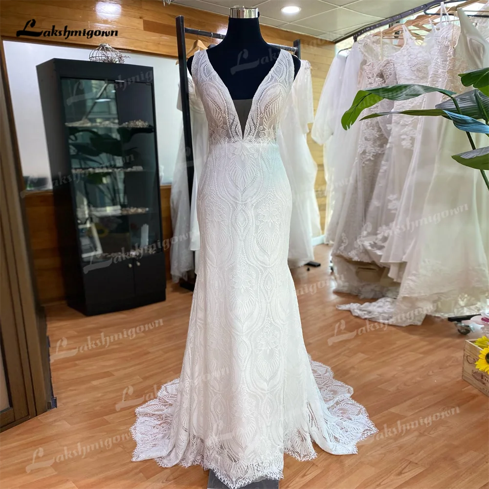 Vestido de novia de sirena de encaje personalizado con escote en V pronunciado, vestidos de novia formales largos sin espalda sexis sin mangas